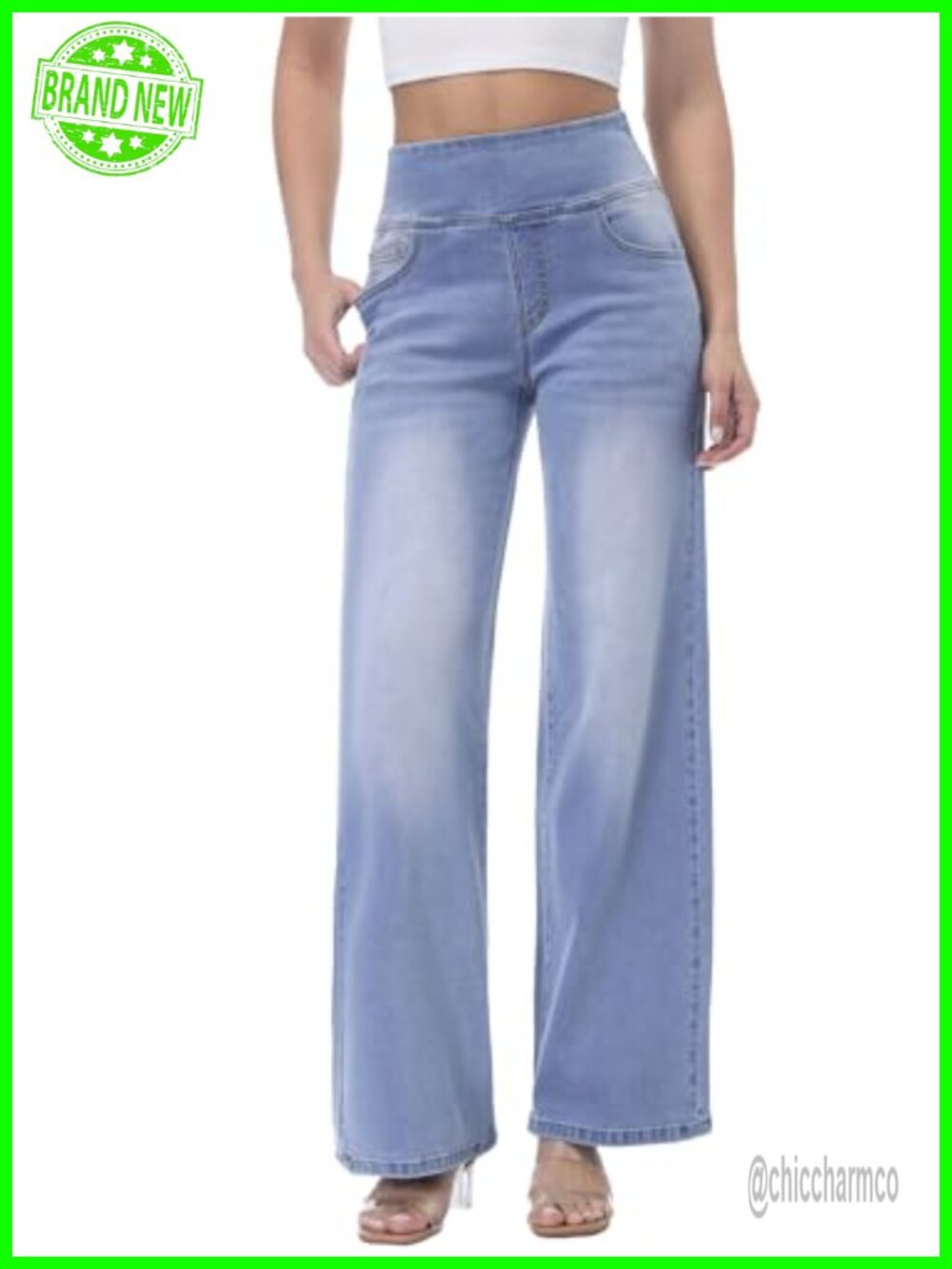 Women's High Waisted Wide Leg Pull On Jeans Stretchy Tummy Control Baggy Denim